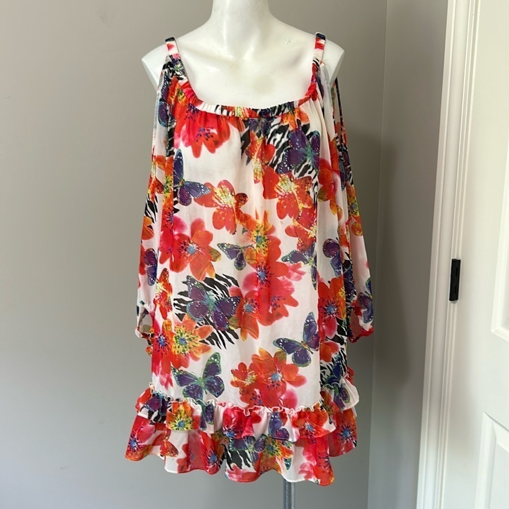 SEAFOLLY AUSTRALIA Floral Ruffle Crepe Swim Cover Up Sheer Long Sleeve Sz M